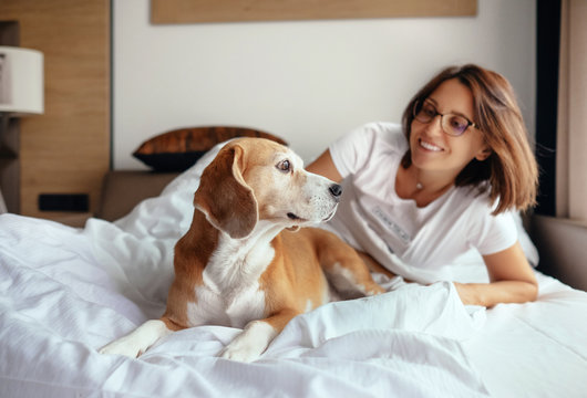 Woman and beagle dog wake up and meet new day in bed