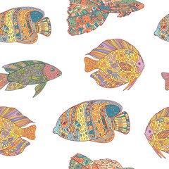Seamless pattern with zen art doodle fishes on white background