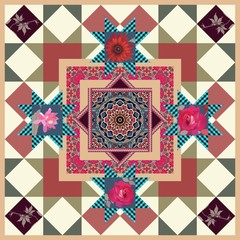 Beautiful tablecloth with flower mandala, roses, virgin vine leaves and ornamental frame in patchwork style. Pillowcase, shawl, blanket, carpet.  Multicolor vector illustration. Ethnic motives.