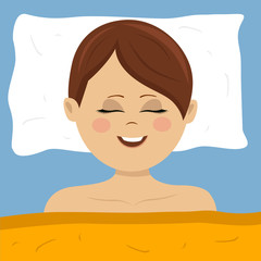 Top view of young woman sleeping in bed at home