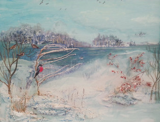 Fototapeta premium Oil painting, winter trees, river and birds
