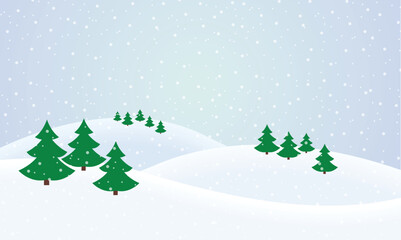 Fototapeta premium Vector flat design illustration of a snowy winter landscape with hills, coniferous trees and snowflakes on a winter day - suitable for Christmas greeting