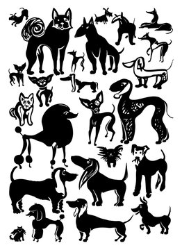 Set of vector Dogs. Ink doodle doggies. Hand drawn silhouettes.