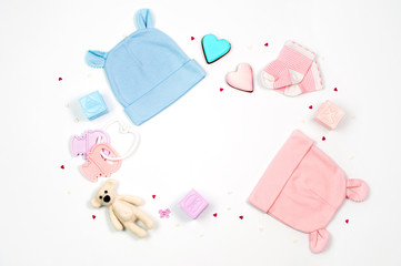 Baby shower party background with baby accessories on white background