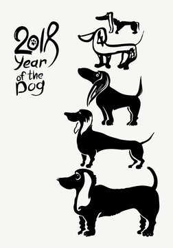 Dogs 2018. Hand drawn postcard. New Year on the Chinese calendar. Ink doodle doggies.
