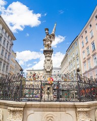 St. Florian statue on Alter markt square landmark of Salzburg, Austria - obrazy, fototapety, plakaty