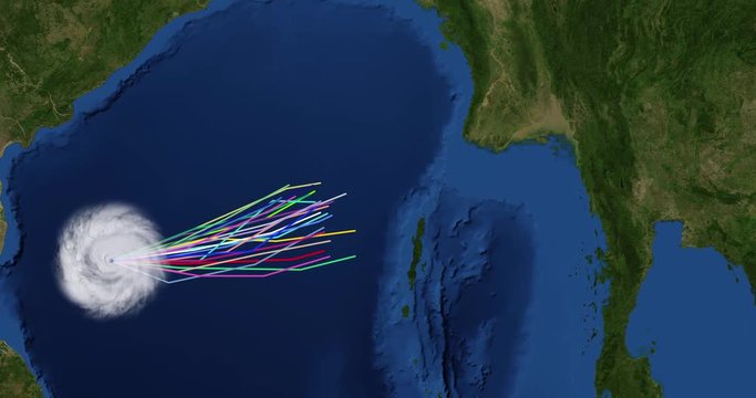 Spaghetti plot of a hurricane with landfall at Myanmar. Two versions: zoom/no zoom. Data: USGS/NASA Landsat