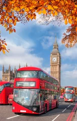 Gordijnen Buses with autumn leaves against Big Ben in London, England, UK © Tomas Marek