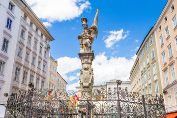St. Florian statue on Alter markt square landmark of Salzburg, Austria