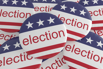 USA Politics News Badges: Pile of Election Buttons With US Flag, 3d illustration