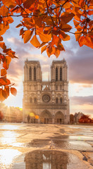 Notre Dame cathedral with autumn leaves in Paris, France