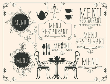 Vector set of images on the theme of menu for restaurant or cafe on a beige background in the art Nouveau style