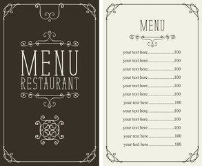 Vector menu for restaurant with curlicues and price list in curly frame in retro style
