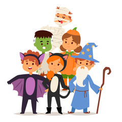 Cute kids wearing Halloween party costumes vector.