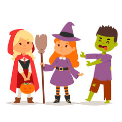 Cute kids wearing Halloween party costumes vector.