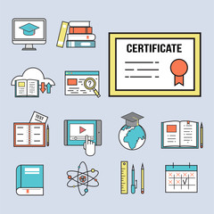 Flat design icons online education staff training book store distant learning knowledge vector illustration