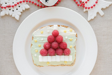 Santa hat unicorn creamcheese toast breakfast, fun Christmas food art for kids