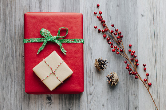 Festive wrapped Christmas present arrangement from above