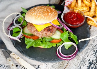 burger, cheeseburger menu with French fries and ketchup