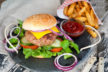 Bacon cheese burger with beef patty tomato onion
