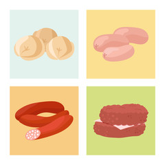 Meat products card cartoon delicious barbecue kebab variety delicious gourmet meal assortment slice lamb cooked vector illustration