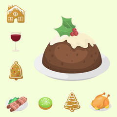 Traditional christmas food and desserts holiday decoration xmas sweet celebration meal vector illustration.