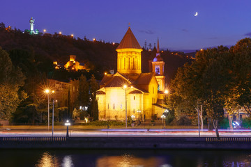 Amazing View of Sioni Cathedral of Dormition and Kura river in Old Town in the moonlit night, Tbilisi, Georgia