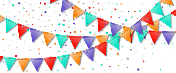 Obraz premium Bunting flags. Gorgeous celebration card. Bright colorful holiday decorations and confetti. Bunting flags vector illustration.