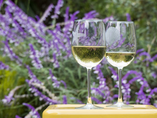 Two gllasses of white wine outside on a sunny day