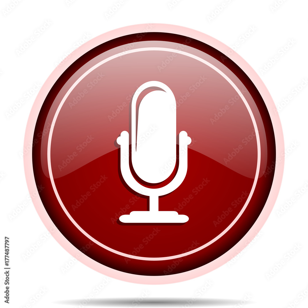Poster Microphone red glossy round web icon. Circle isolated internet button for webdesign and smartphone applications.