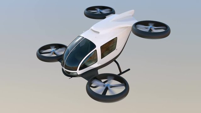 White self-driving passenger drone flying in the sky. 3D rendering animation.
