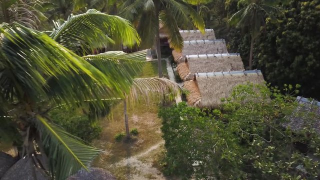 Aerial view of the backpacker lodging on Koh Tonsay, Rabbit Island, Cambodia as the morning sun brightens all the green.