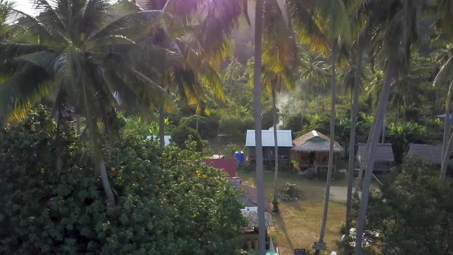 Moving from left to right at the height of palm trees, you get glimpses of palapas at a backpacker accommodation in paradise in Cambodia.