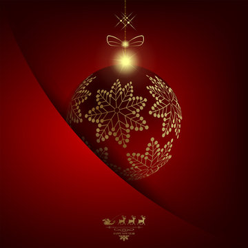 Christmas red background with ball with golden snowflakes