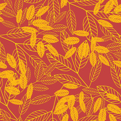 Naklejka na ściany i meble Botanical seamless pattern. Autumn background of yellow leaves on a red background. Vector.