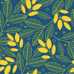 Autumn seamless pattern of yellow leaves on a blue background with stars and circles. Vector.