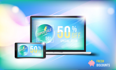 Big Sale 50 offer fresh discount . Concept of advertising with a laptop and smartphone and banner with super discounts and light effects on a colored background. Vector illustration EPS 10
