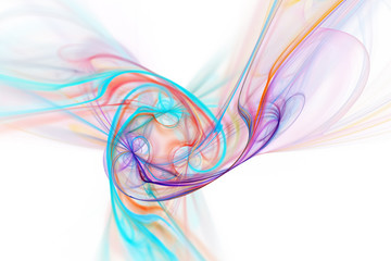 Abstract red, orange and blue glowing smoky shapes on white background. Fantasy fractal design. Digital art. 3D rendering.