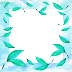 Fototapeta na wymiar green leaf, blue sky frame white background, watercolor painting