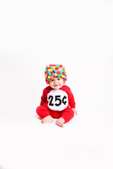 Adorable baby wearing gum ball machine Halloween costume