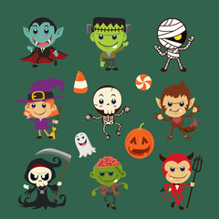 Fototapeta premium Vintage Halloween poster design with vector witch, mummy, witch, zombie, devil, skeleton, vampire, ghost, reaper, wolfman, ghost character. 