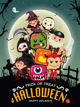Vintage Halloween poster design with vector vampire, skeleton, witch, reaper, pirate, demon character. 
