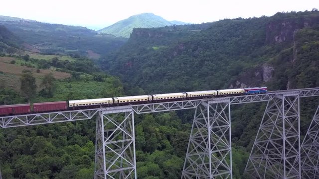 The famous viaduct Goteik between Pyin Oo Lwin and Hsipaw in Myanmar.It is the highest bridge in Myanmar.Aerial view from the drone 