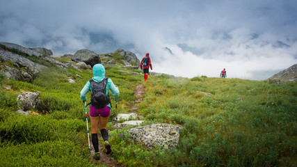 Fototapeta na wymiar A group of athletes on a rainy day runs down the path towards the fog. Altay, Russia