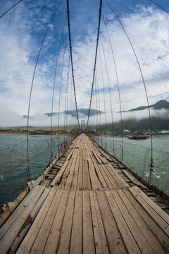 Trift Bridge is the longest pedestrian-only suspension bridge at the foot of the Belukha mountain, Altai Mountains, Russia