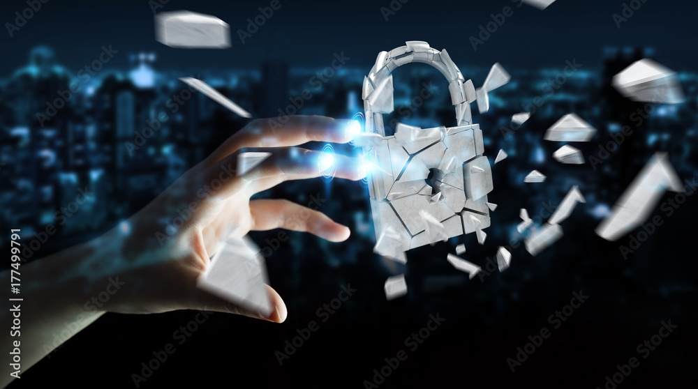 Poster businesswoman hacking in broken padlock security 3d rendering