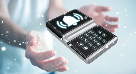 Businessman using home alarm security device 3D rendering