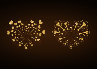 Heart fireworks gold set. Beautiful flat golden firework isolated on black background. Bright decoration design Valentine day, romantic love card, wedding celebration, festival Vector illustration