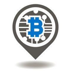 Bitcoin Circuit Board Place Vector Icon. Block Chain Currency Microchip Location Internet Money Button. ICO Fintech.