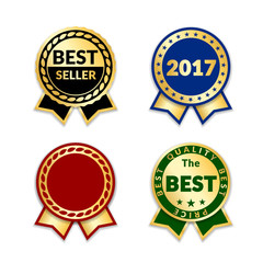 Ribbons award best seller set. Gold ribbon award icon isolated white background. Bestseller golden tag sale label, badge, medal, guarantee quality product, business certificate Vector illustration
